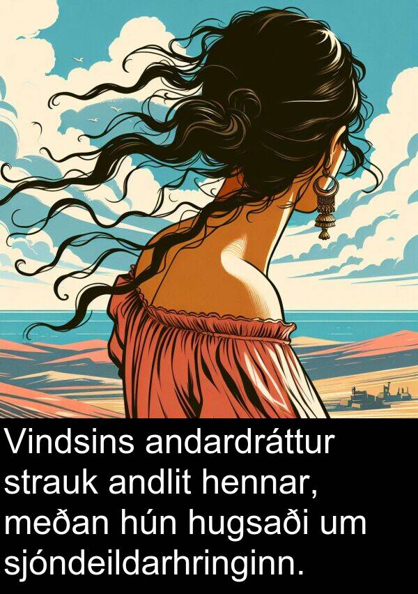 andlit: Vindsins andardráttur strauk andlit hennar, meðan hún hugsaði um sjóndeildarhringinn.