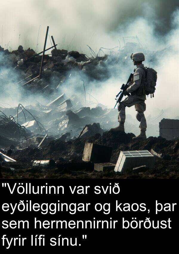 kaos: "Völlurinn var svið eyðileggingar og kaos, þar sem hermennirnir börðust fyrir lífi sínu."