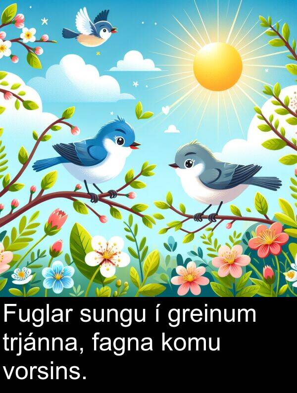 fagna: Fuglar sungu í greinum trjánna, fagna komu vorsins.