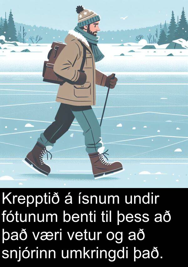 ísnum: Krepptið á ísnum undir fótunum benti til þess að það væri vetur og að snjórinn umkringdi það.