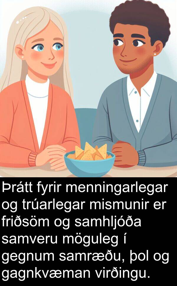 þol: Þrátt fyrir menningarlegar og trúarlegar mismunir er friðsöm og samhljóða samveru möguleg í gegnum samræðu, þol og gagnkvæman virðingu.