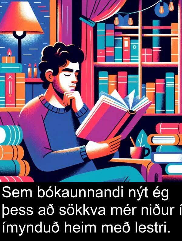þess: Sem bókaunnandi nýt ég þess að sökkva mér niður í ímynduð heim með lestri.