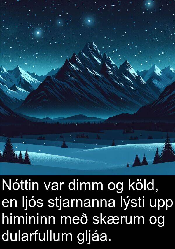 dimm: Nóttin var dimm og köld, en ljós stjarnanna lýsti upp himininn með skærum og dularfullum gljáa.
