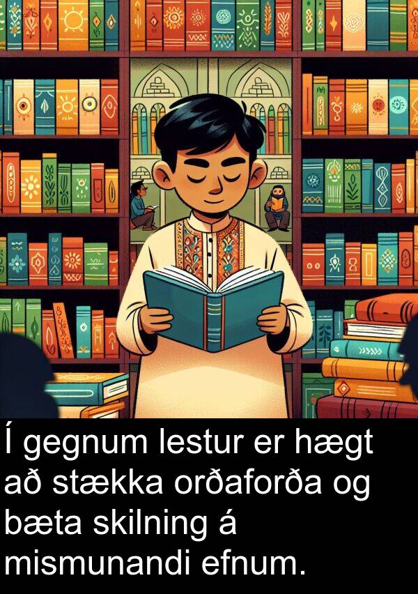 efnum: Í gegnum lestur er hægt að stækka orðaforða og bæta skilning á mismunandi efnum.