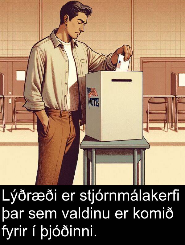 þjóðinni: Lýðræði er stjórnmálakerfi þar sem valdinu er komið fyrir í þjóðinni.