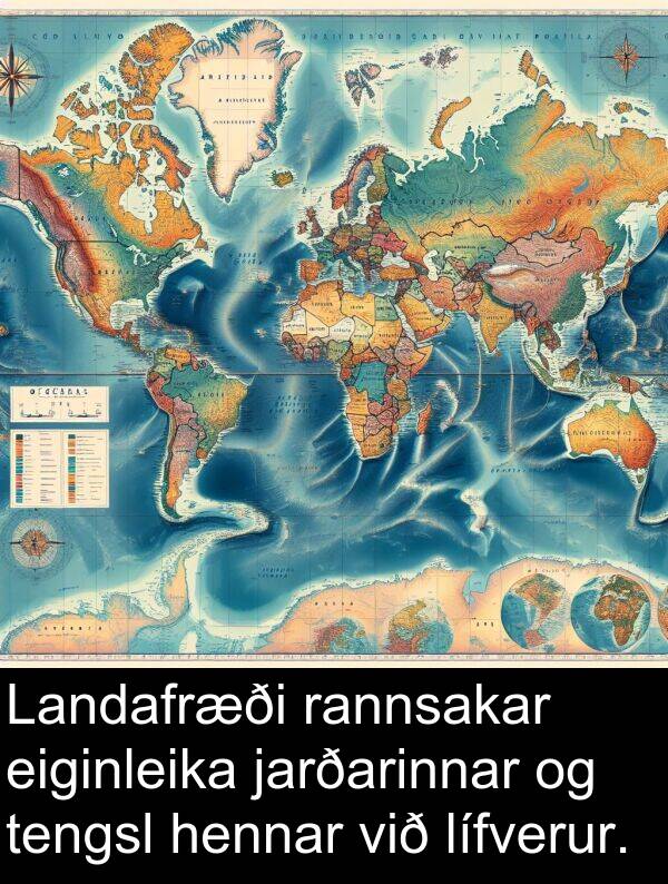 eiginleika: Landafræði rannsakar eiginleika jarðarinnar og tengsl hennar við lífverur.
