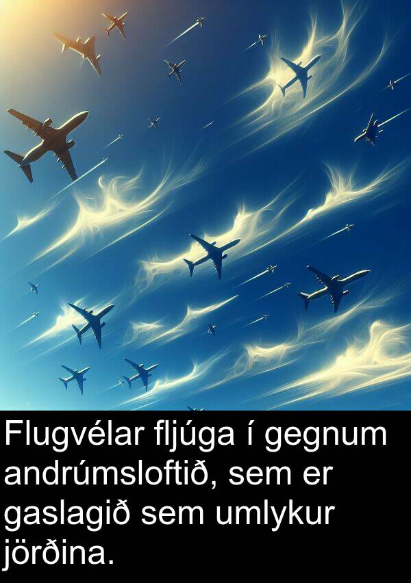 gaslagið: Flugvélar fljúga í gegnum andrúmsloftið, sem er gaslagið sem umlykur jörðina.