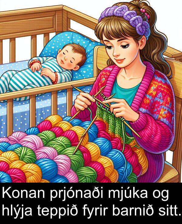 barnið: Konan prjónaði mjúka og hlýja teppið fyrir barnið sitt.