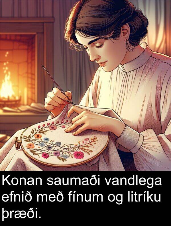 þræði: Konan saumaði vandlega efnið með fínum og litríku þræði.