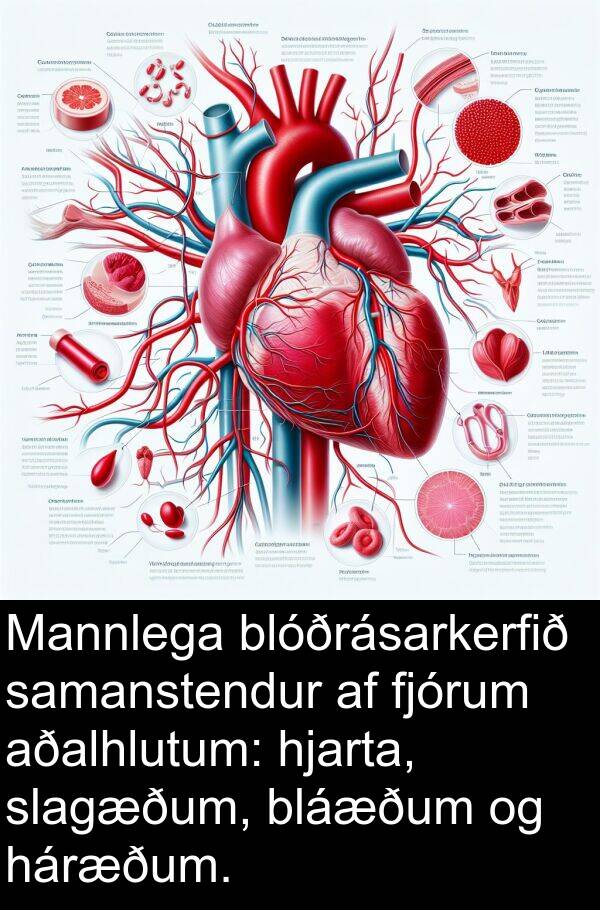 háræðum: Mannlega blóðrásarkerfið samanstendur af fjórum aðalhlutum: hjarta, slagæðum, bláæðum og háræðum.