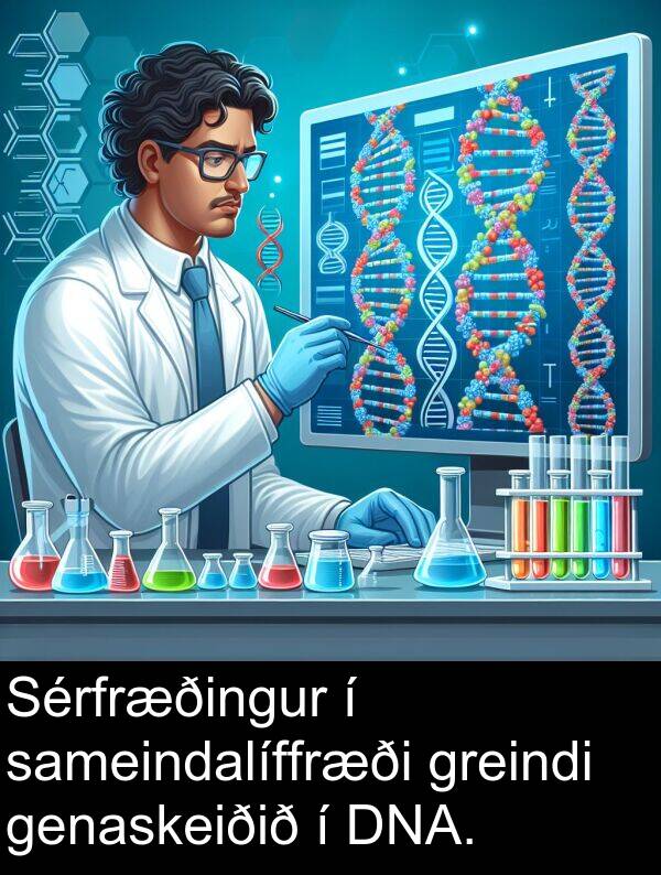 genaskeiðið: Sérfræðingur í sameindalíffræði greindi genaskeiðið í DNA.