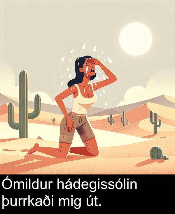 þurrkaði: Ómildur hádegissólin þurrkaði mig út.