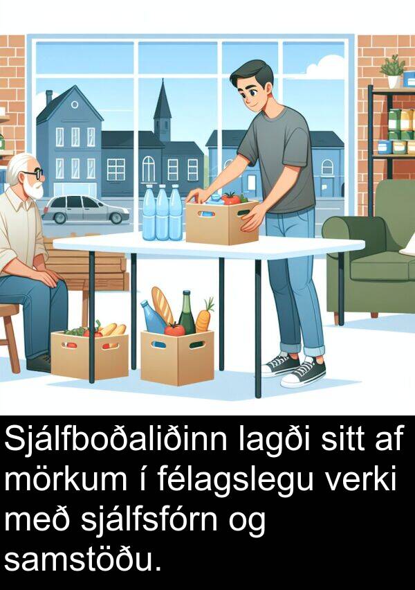 samstöðu: Sjálfboðaliðinn lagði sitt af mörkum í félagslegu verki með sjálfsfórn og samstöðu.