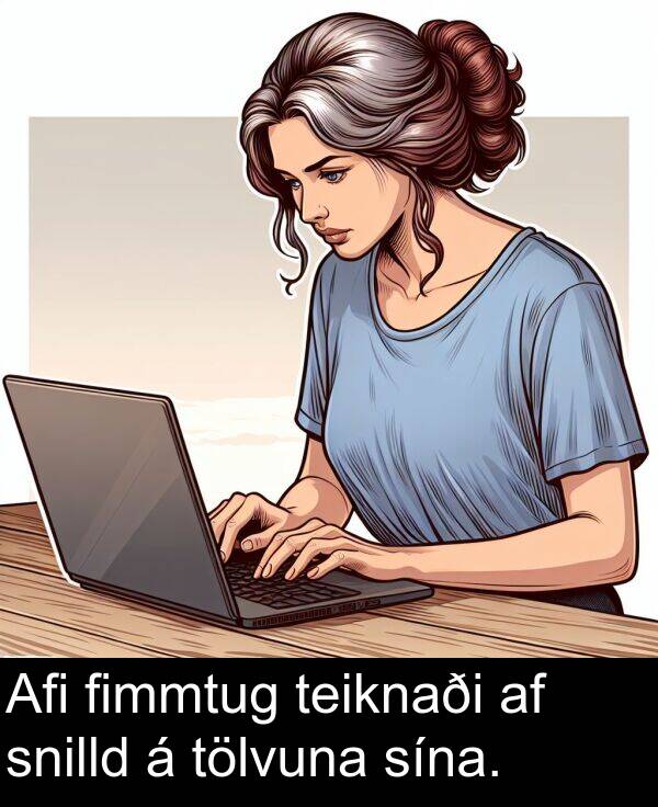 tölvuna: Afi fimmtug teiknaði af snilld á tölvuna sína.