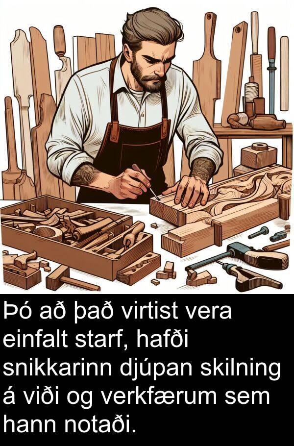 verkfærum: Þó að það virtist vera einfalt starf, hafði snikkarinn djúpan skilning á viði og verkfærum sem hann notaði.