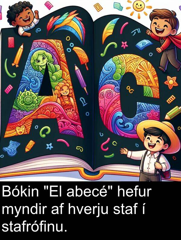 hverju: Bókin "El abecé" hefur myndir af hverju staf í stafrófinu.
