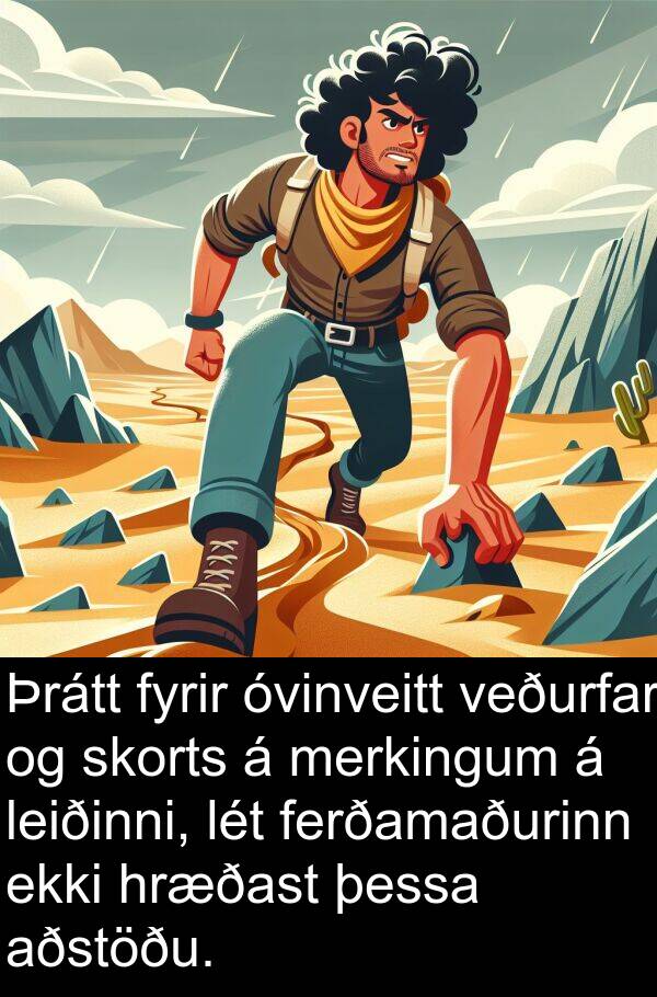 þessa: Þrátt fyrir óvinveitt veðurfar og skorts á merkingum á leiðinni, lét ferðamaðurinn ekki hræðast þessa aðstöðu.
