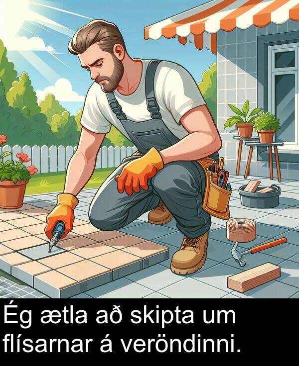 ætla: Ég ætla að skipta um flísarnar á veröndinni.