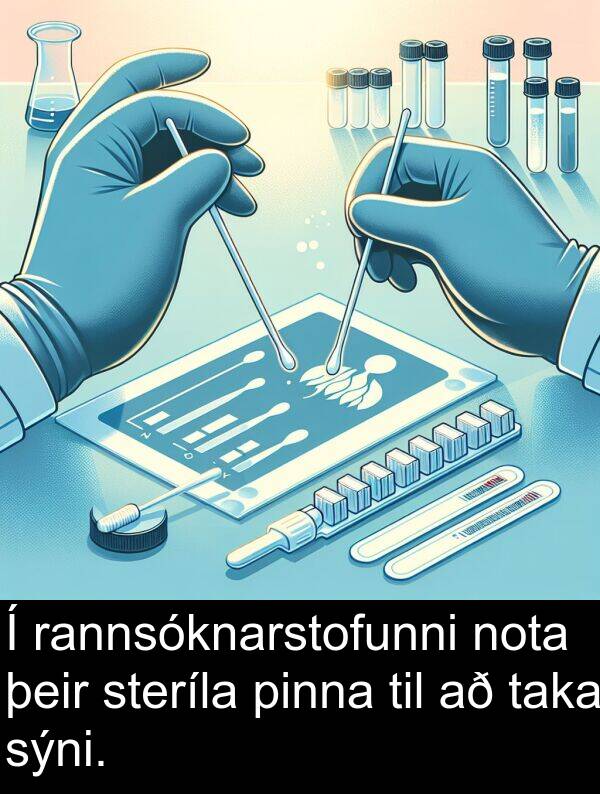 þeir: Í rannsóknarstofunni nota þeir steríla pinna til að taka sýni.