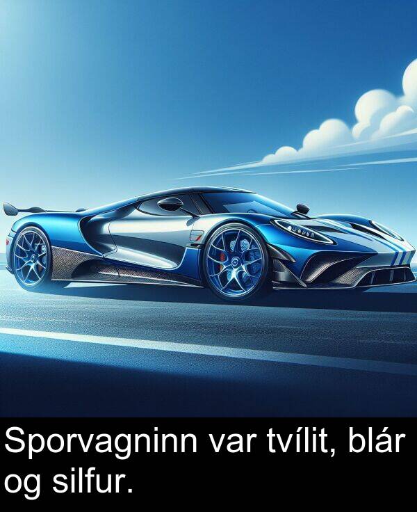 var: Sporvagninn var tvílit, blár og silfur.