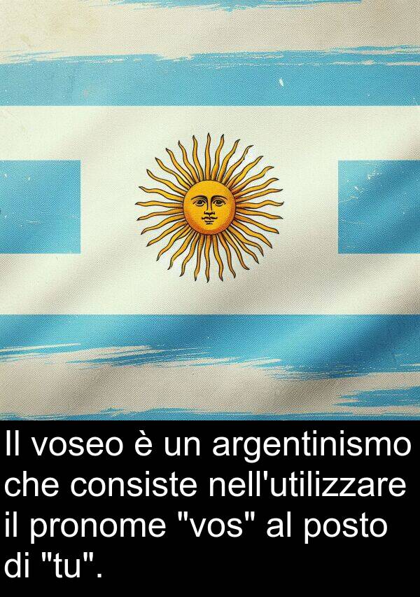 pronome: Il voseo è un argentinismo che consiste nell'utilizzare il pronome "vos" al posto di "tu".