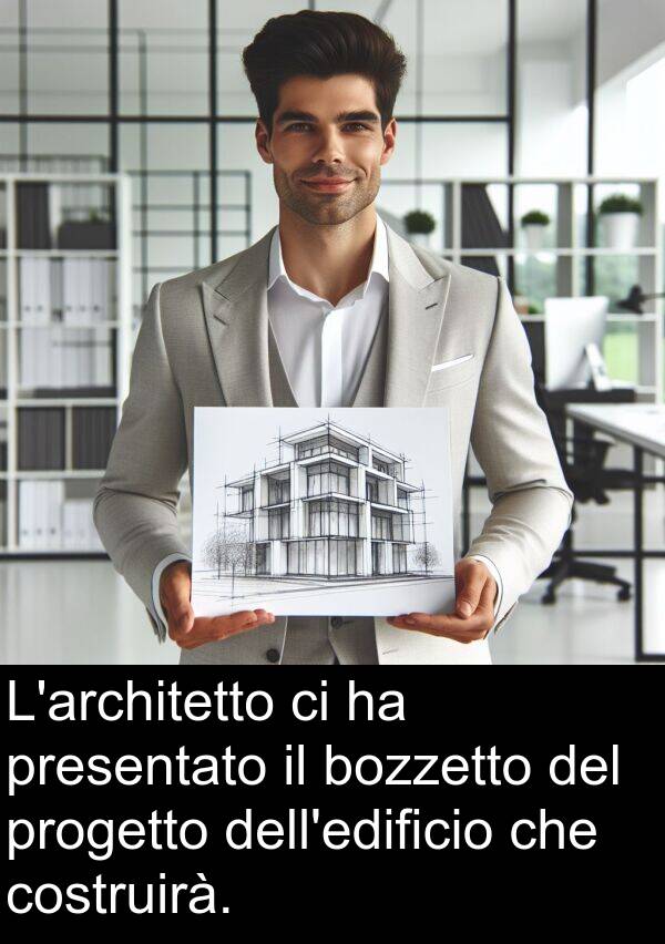 bozzetto: L'architetto ci ha presentato il bozzetto del progetto dell'edificio che costruirà.