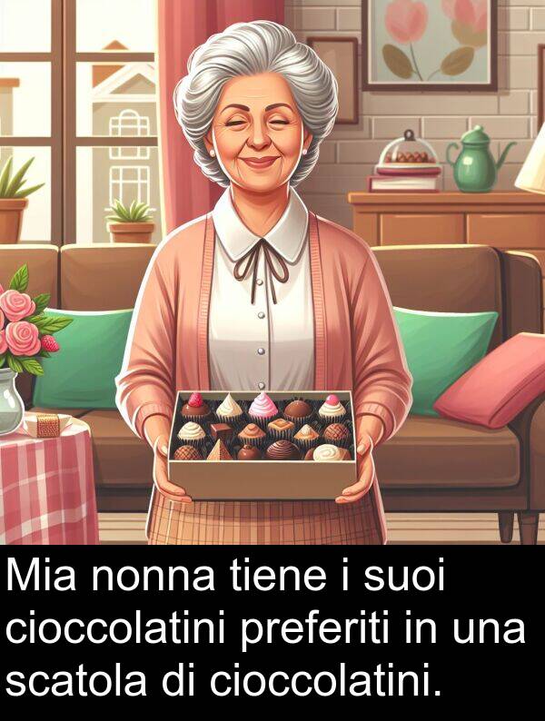 nonna: Mia nonna tiene i suoi cioccolatini preferiti in una scatola di cioccolatini.