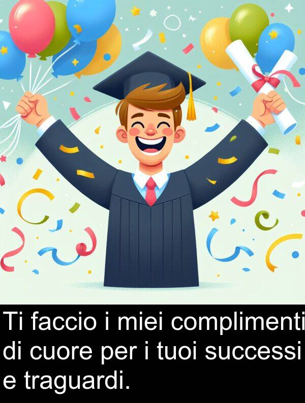 complimenti: Ti faccio i miei complimenti di cuore per i tuoi successi e traguardi.