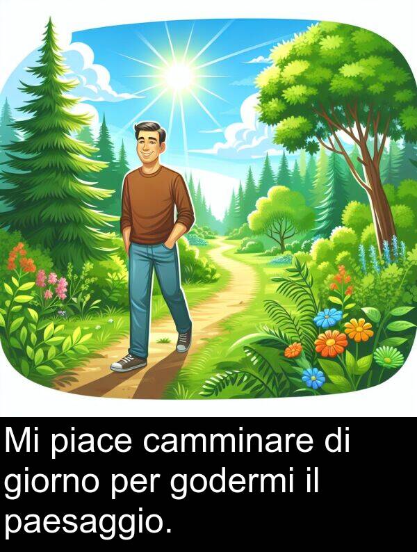 camminare: Mi piace camminare di giorno per godermi il paesaggio.