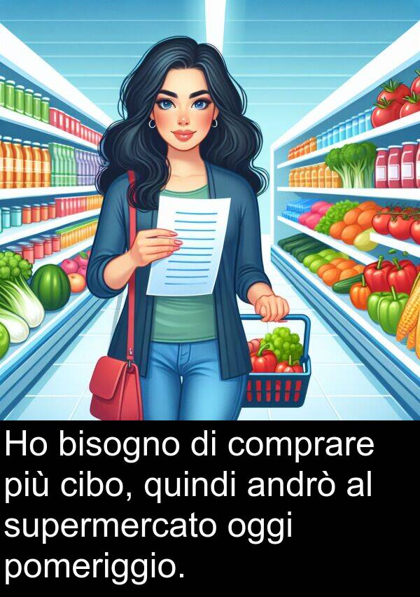 comprare: Ho bisogno di comprare più cibo, quindi andrò al supermercato oggi pomeriggio.