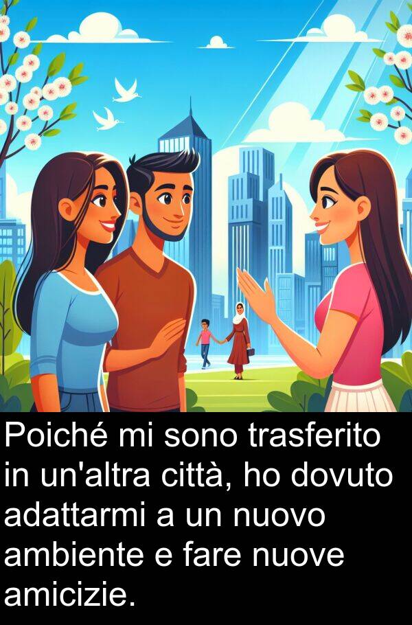 trasferito: Poiché mi sono trasferito in un'altra città, ho dovuto adattarmi a un nuovo ambiente e fare nuove amicizie.