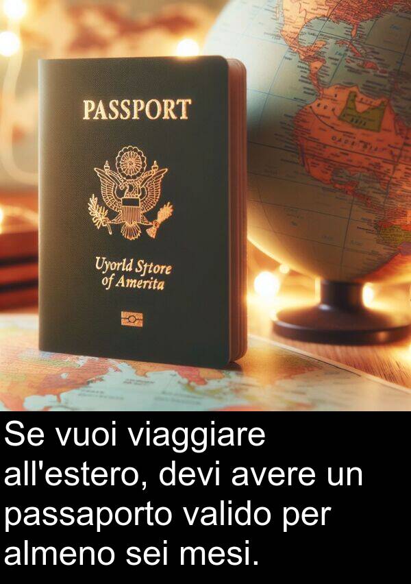 valido: Se vuoi viaggiare all'estero, devi avere un passaporto valido per almeno sei mesi.