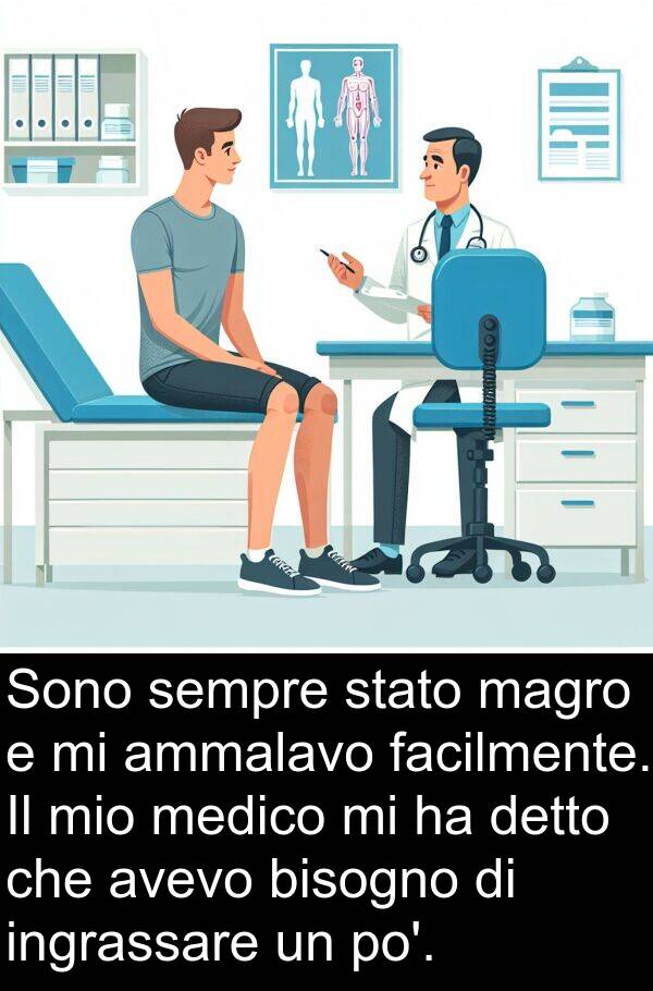magro: Sono sempre stato magro e mi ammalavo facilmente. Il mio medico mi ha detto che avevo bisogno di ingrassare un po'.