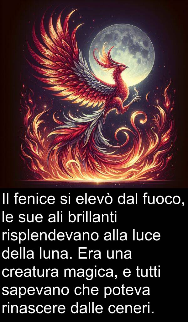 brillanti: Il fenice si elevò dal fuoco, le sue ali brillanti risplendevano alla luce della luna. Era una creatura magica, e tutti sapevano che poteva rinascere dalle ceneri.