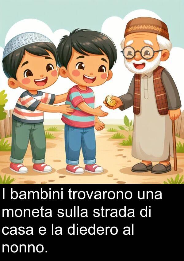 strada: I bambini trovarono una moneta sulla strada di casa e la diedero al nonno.