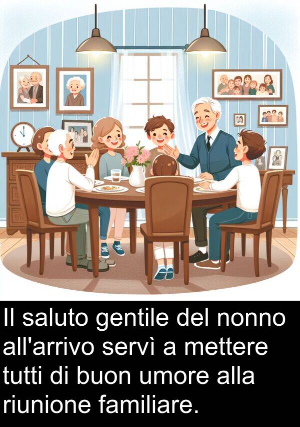 riunione: Il saluto gentile del nonno all'arrivo servì a mettere tutti di buon umore alla riunione familiare.