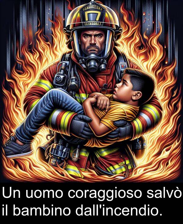 salvò: Un uomo coraggioso salvò il bambino dall'incendio.