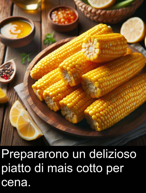 cena: Prepararono un delizioso piatto di mais cotto per cena.
