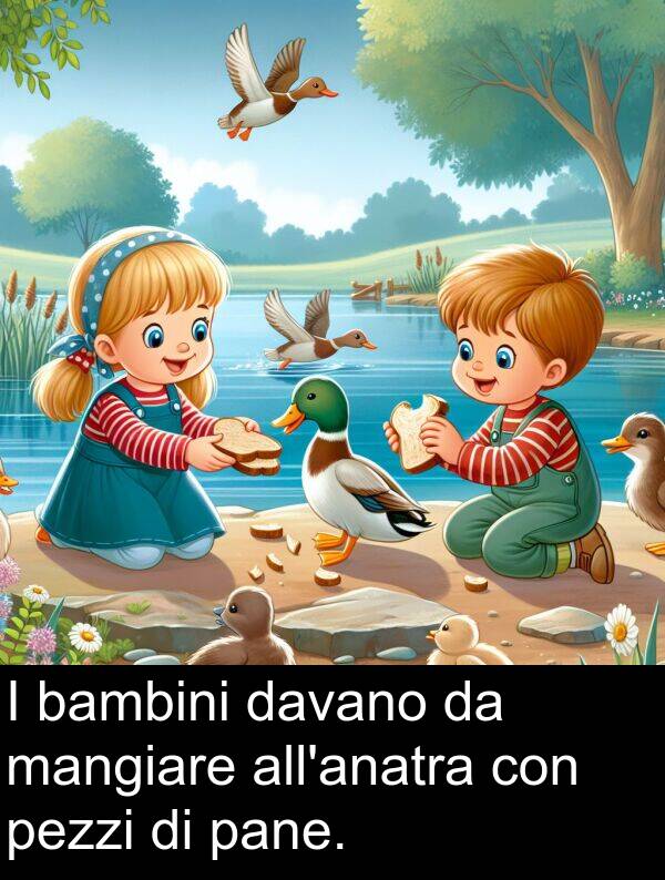 pane: I bambini davano da mangiare all'anatra con pezzi di pane.