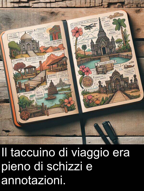 taccuino: Il taccuino di viaggio era pieno di schizzi e annotazioni.