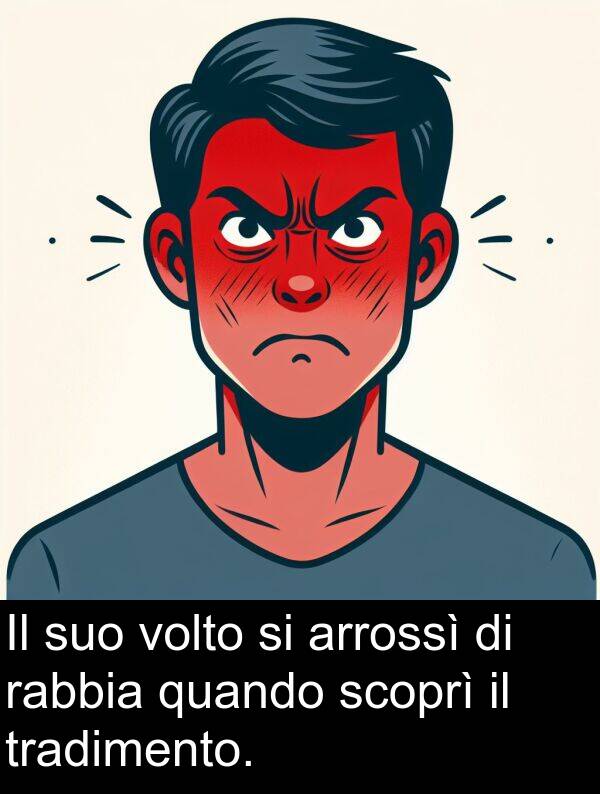 volto: Il suo volto si arrossì di rabbia quando scoprì il tradimento.