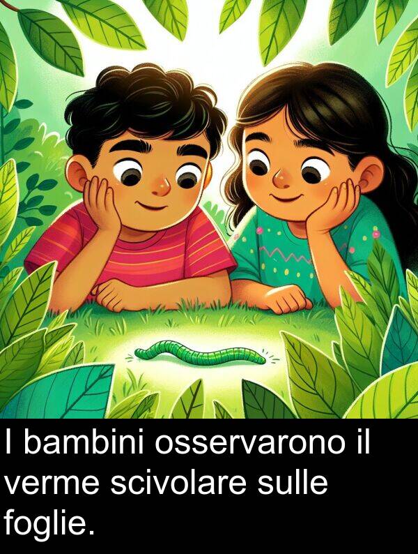 bambini: I bambini osservarono il verme scivolare sulle foglie.