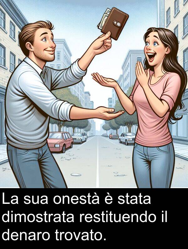 onestà: La sua onestà è stata dimostrata restituendo il denaro trovato.