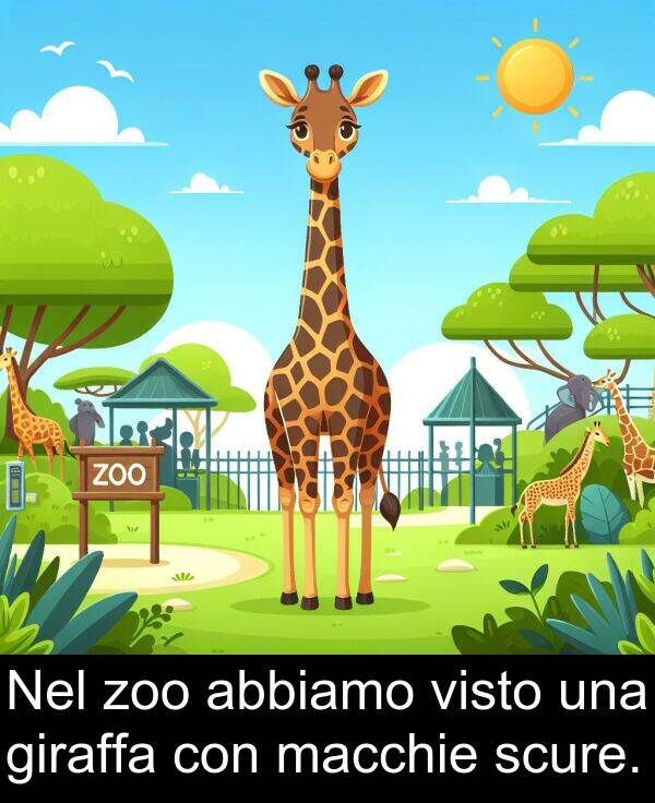 zoo: Nel zoo abbiamo visto una giraffa con macchie scure.