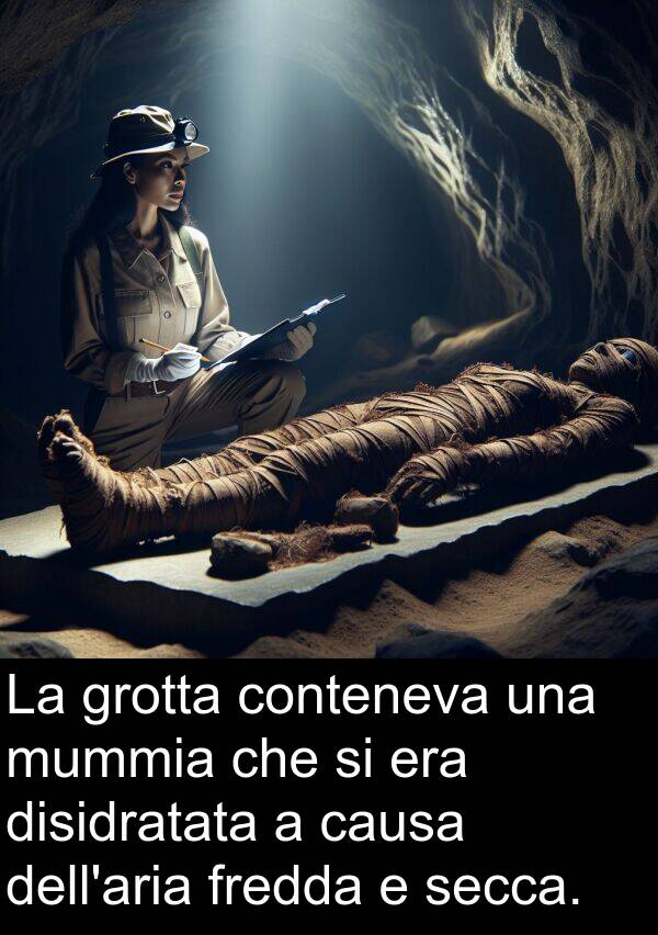 secca: La grotta conteneva una mummia che si era disidratata a causa dell'aria fredda e secca.