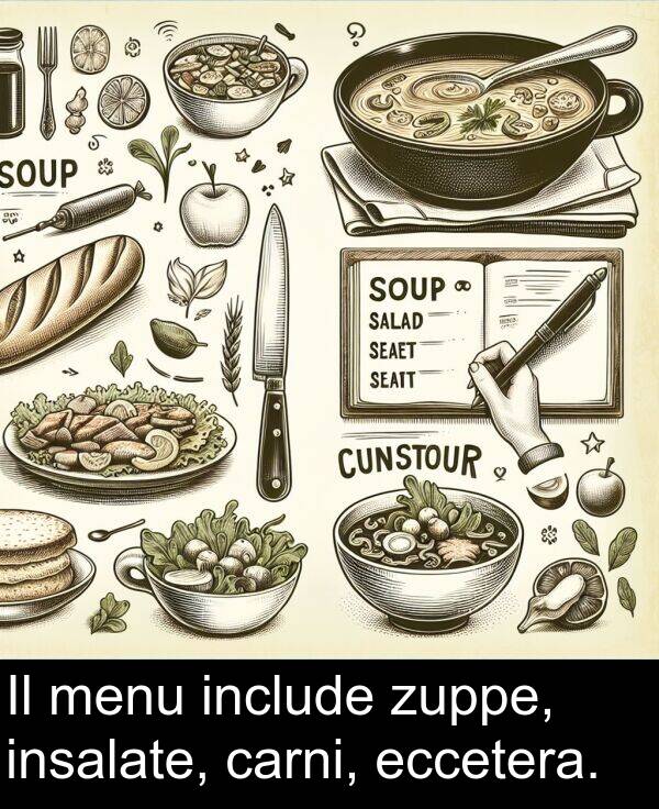 zuppe: Il menu include zuppe, insalate, carni, eccetera.