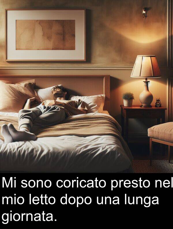 giornata: Mi sono coricato presto nel mio letto dopo una lunga giornata.