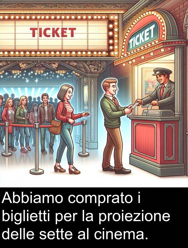 cinema: Abbiamo comprato i biglietti per la proiezione delle sette al cinema.