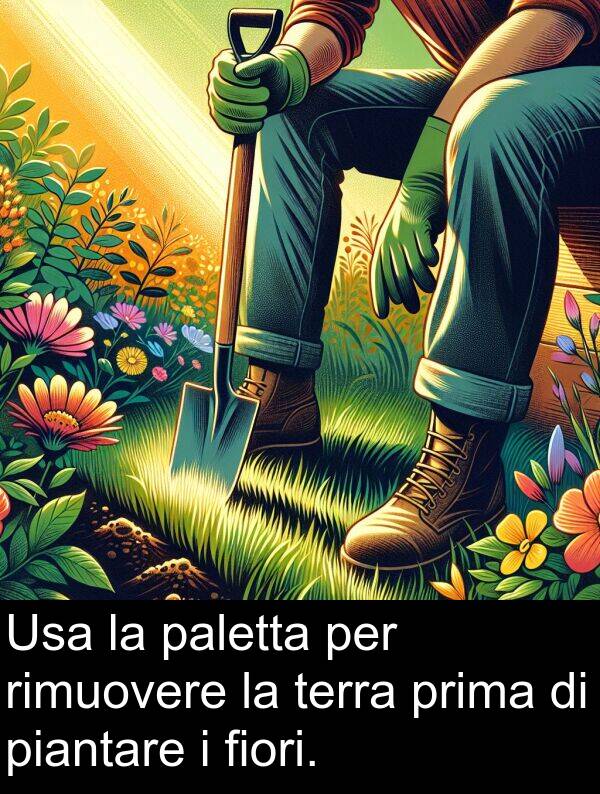 paletta: Usa la paletta per rimuovere la terra prima di piantare i fiori.