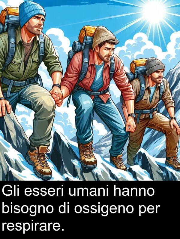 hanno: Gli esseri umani hanno bisogno di ossigeno per respirare.